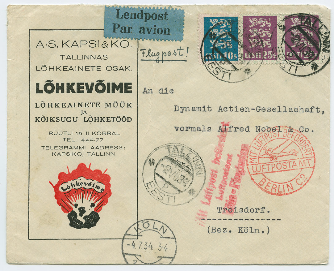0701a-Kapsi-Lõhkevõime-Tallinn-Köln-lennupostiga-postiajalugu-ee